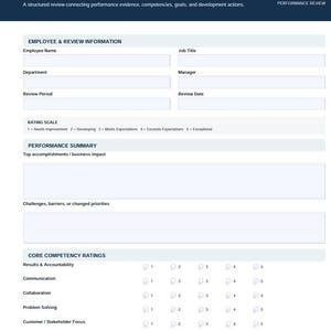 May include: A white Employee Performance Review & Development Plan document with dark blue headers. It includes fields for employee information, a rating scale from 1 to 5, sections for performance summary, and a list of core competency ratings.