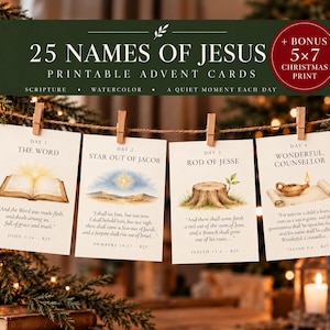 Names of Jesus Advent Scripture Cards Printable, Christian Advent Calendar, 25 KJV Bible Verse Cards, Watercolor Christmas Countdown