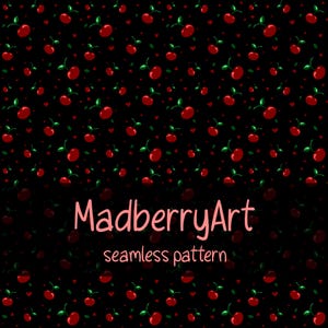 Könnte beinhalten: Ein nahtloses Muster mit roten Kirschen mit grünen Stielen und kleinen roten Herzen auf schwarzem Hintergrund. Der Text MadberryArt seamless pattern ist in hellrosa Buchstaben über dem wiederkehrenden Kirsch- und Herzdesign zentriert.