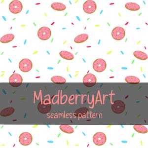 Könnte beinhalten: Ein nahtloses Muster mit rosa glasierten Donuts und bunten Streuseln auf weißem Hintergrund. Ein graues horizontales Banner in der Mitte zeigt den Text MadberryArt seamless pattern in einer hellrosa Schreib- und serifenlosen Schrift.