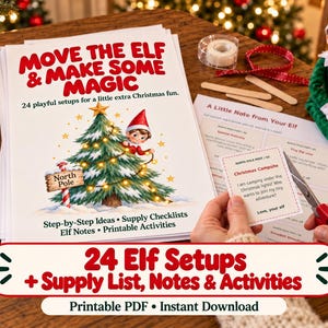 以下が含まれることがあります： Move the Elf & Make Some Magicと題された印刷可能なアクティビティキット。24種類のクリスマスの設定、備品リスト、エルフのメモ、アクティビティが含まれており、装飾されたクリスマスツリーと北極の看板のグラフィックが描かれています。