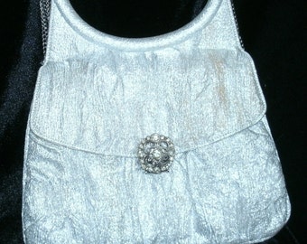 Purse, Silver, Crystal Strap, Lou Taylor, Swivel Mirror & Rhinestone Clasp