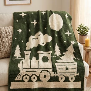 Christmas Train Crochet Pattern, Overlay Mosaic Crochet Blanket, Holiday Steam Locomotive Tree PDF