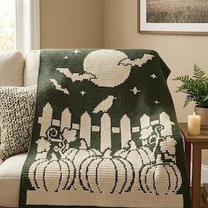 Virkmönster för pumpafält, virkad filt med mosaik, Halloween, fladdermöss och måne i PDF-format