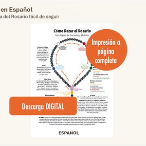 May include: A white instructional guide titled Cómo Rezar el Rosario featuring a black rosary bead diagram, prayer text in Spanish, and orange circular and rectangular overlays with the text Impresión a página completa and Descarga DIGITAL.