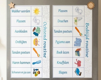 Può includere: Due tabelle magnetiche rettangolari che mostrano routine quotidiane con testo in olandese e icone colorate. La tabella a sinistra è intitolata Ochtend routine, quella a destra Bedtijd routine. Ogni tabella include un magnete in legno a forma di stella o sole.