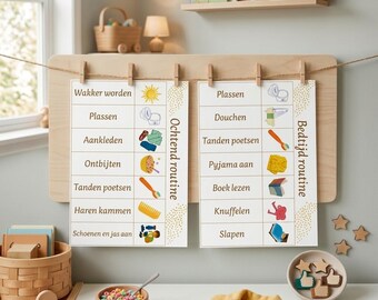 Può includere: Due tabelle rettangolari bianche appese a una tavola di legno con clip, intitolate Ochtend routine e Bedtijd routine. Le tabelle presentano testo in olandese e icone colorate che illustrano attività quotidiane come svegliarsi e lavarsi i denti.