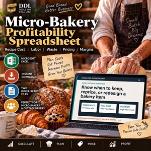 Micro-Bakery Profitability Spreadsheet | Recipe Cost, Labor, Waste, Pricing & Margin System for Microsoft Excel