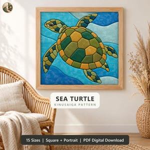 May include: A square framed wall art piece featuring a sea turtle in a kinusaiga pattern. The turtle has a shell with green and yellow geometric segments, set against a background of blue and light blue fabric waves. Text reads SEA TURTLE.