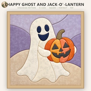 Può includere: Un modello Kinusaiga intitolato HAPPY GHOST AND JACK-O'-LANTERN che raffigura un fantasma bianco che tiene una zucca arancione con un volto scuro. Il design include 15 dimensioni, formati quadrati e verticali, ed è fornito in PDF.