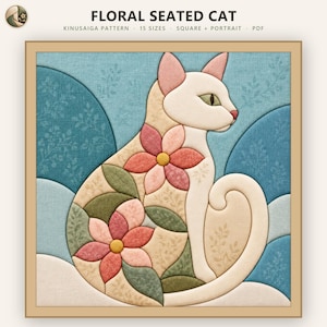 Può includere: Un modello Kinusaiga intitolato Floral Seated Cat che raffigura un gatto bianco con orecchie rosa e occhi verdi, decorato con motivi floreali rosa e verdi sul corpo. Lo sfondo è composto da forme curve blu e bianche con foglie.
