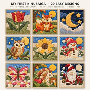 My First Kinusaiga, 20 Easy No Sew Fabric Art Patterns for Beginners, Flower Animal Seasonal Designs, Printable PDF Pattern Bundle