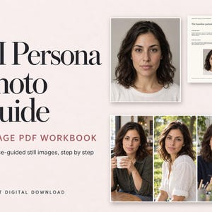 以下が含まれることがあります： AI Persona Photo Guideというタイトルの18ページのPDFワークブック。ウェーブのかかったダークヘアの人物のポートレート、The baseline portraitというタイトルのページ、そして同じ人物が写る3枚の小さな画像が含まれています。