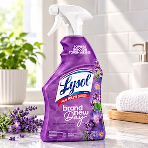 May include: A purple Lysol all-purpose cleaner spray bottle with a white trigger nozzle. The label features the text Powers Through Tough Messes, Lysol, Kills 99.9% of Viruses & Bacteria, Brand New Day, and Lavender & Cotton Blossom, 32 fl oz.