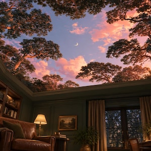 May include: A ceiling mural featuring a view of a forest canopy against a sunset sky with pink clouds and a crescent moon. The mural is installed in a room with dark green walls, wooden bookshelves, a leather armchair, and a desk lamp.