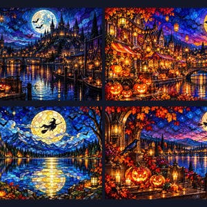 Op de afbeelding: Een digitale kunstcollage met vier panelen met illustraties van Halloween-scènes in glas-in-loodstijl. Elk paneel toont een nachtelijk landschap met gloeiende pompoenen, een volle maan, silhouetten van vleermuizen en een kasteel.