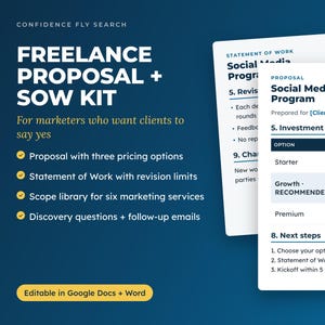 May include: A digital freelance proposal and statement of work kit featuring white document templates with blue text on a dark blue background. The text includes Freelance Proposal + SOW Kit, Social Media Growth Program, and editable in Google Docs + Word.