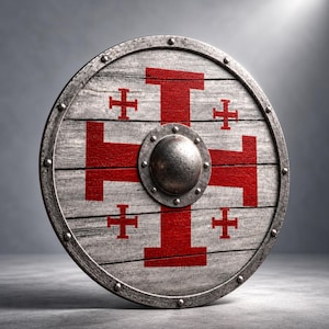 May include: A circular wooden shield featuring a weathered gray finish and a prominent red Jerusalem cross design. The shield is reinforced with a metallic outer rim secured by rivets and a central metal boss, creating a sturdy appearance.
