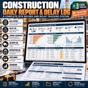 May include: A digital construction daily report and delay log Excel template displayed on a laptop screen and a printed document. The interface features charts, tables, and data fields for tracking site records, labor hours, and project delays.