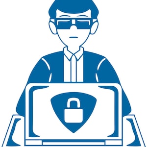 May include: A blue and white graphic illustration of a person wearing glasses while sitting at a laptop. The laptop screen displays a shield icon with a padlock symbol in the center, representing digital security and data protection concepts.
