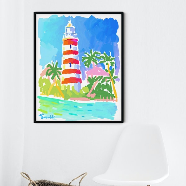 Elbow Reef Lighthouse, Hope Town Bahamas Print by Kelly Tracht, Wall Art, Nautical Decor, Watercolor Print, Ocean, Canvas, Item: BA-1