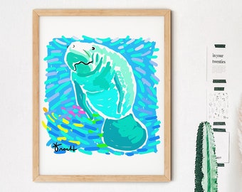 Manatee Art Print, Wall Art, Coastal Decor, Aqua Decor, Summer Decor, Home Office, Nursery Decor, Nautical, Ocean, Kelly Tracht, , Item #2Q