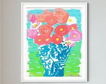 Pink Roses Blue Ginger Jar Art Print by Kelly Tracht, Wall Art, Chinoiserie, Matisse, Giclee Print, Watercolor Print, Item #Q1-3