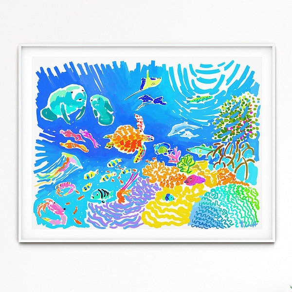 Coral Reef Tropical Fish Sea Turtle Dolphins Manatees Jellyfish Art by artist Kelly Tracht Art Poster, Item #1i