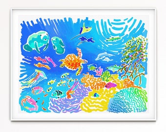 Coral Reef Tropical Fish Sea Turtle Dolphins Manatees Jellyfish Art by artist Kelly Tracht Art Poster, Item #1i