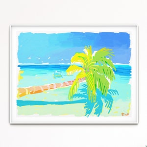 Leaning Palm Tree Tropical Beach w/ Sea Turtle Print by Kelly Tracht Wall Art, Metall Wall Art, Watercolor Print, Nautical Decor, Item #3WW