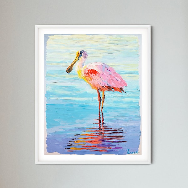 Pink Spoonbill Art Print by Kelly Tracht, Wall Art, Giclee Print, Canvas, Wading Tranquil Blue Water, Fine Art, Nautical Decor, #M1-1