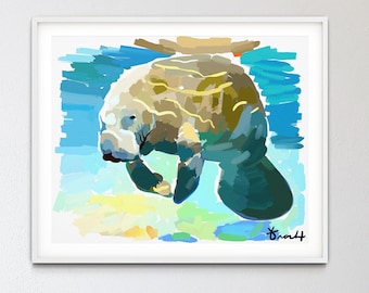 Manatee Art Print, Summer Decor, Ocean, Coastal Decor, Wall Art, Nursery Decor, Large Wall Art, Kelly Tracht, Watercolor Print, Item #2EE