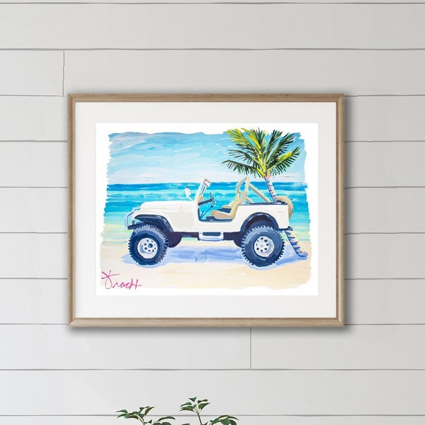 White Convertible Renegade Jeep on Sandy Beach under Shady Palm Tree by Kelly Tracht, California Surf Culture 1970's Vintage Item: ART 16W