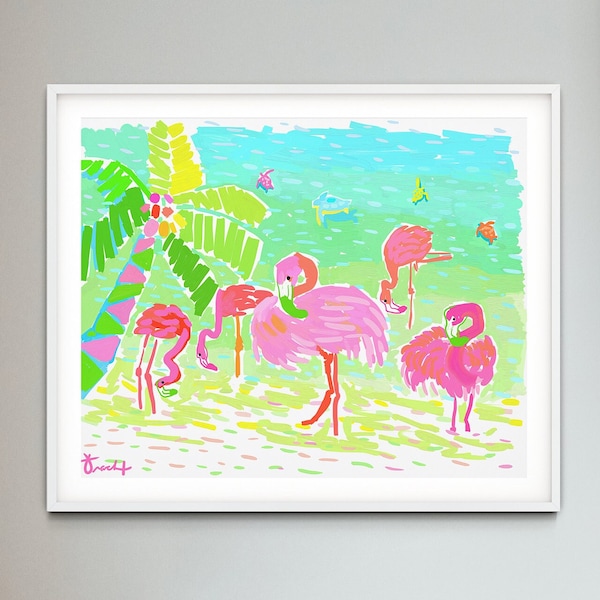 Pink Flamingos on Beach "FlaminGals" with Lime Green Palm Tree and Sea Turtles in Tropical Island Setting by Kelly Tracht, Item: L1-3