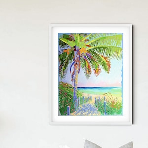 Tropical Coconut Palm Painting by Kelly Tracht, Seascape, Coastal, Palm Tree Poster, Beach View, Island Print, Sanibel Sandy Path Item #T1-4