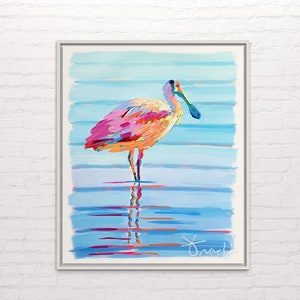 Pink Spoonbill 2 Art Print by Kelly Tracht, Wall Art, Giclee Print, Canvas, Wading Tranquil Blue Water, Fine Art, Nautical Decor, ART 21