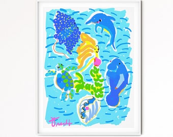 Blonde Mermaid, Manatee, Dolphin Sea Turtle & Eagle Ray by Kelly Tracht, Available in Canvas or Paper Print, Easy to Frame, Item #2G