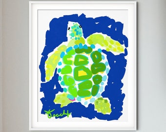 Navy and Lime Green Sea Turtle Art Print by Kelly Tracht, Canvas or Paper, Giclee Print, Wall Art, Nautical Decor, Watercolor, Item #2S