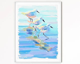 Three Sandpipers Running from Waves on Beach by Kelly Tracht, Soft Pastel Blue and Aqua, Canvas or Paper Print for Wall Art, Item #W1-2