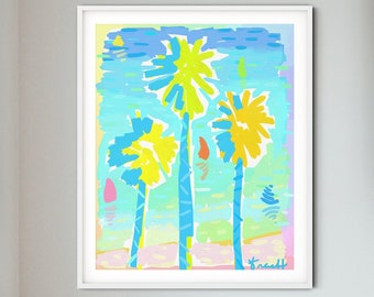 Pastel Beach Palm Trees with Colorful Sailboats by Kelly Tracht, Coordinating Prints Available, Large Wall Art, Canvas or Paper, Item #4SS