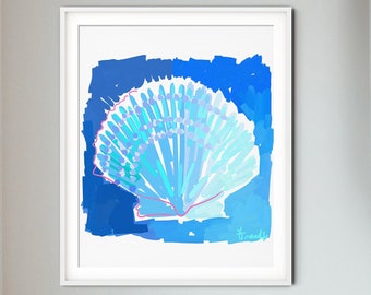 White and Light Blue Scallop Shell with Dark Blue Navy Background Art Print by Kelly Tracht, Canvas or Paper Available, Wall Art, Item:K1-4