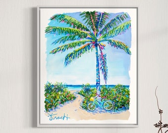 May include: A watercolor painting of a palm tree on a beach with a bicycle leaning against the trunk. The painting is framed and hanging on a white wall.