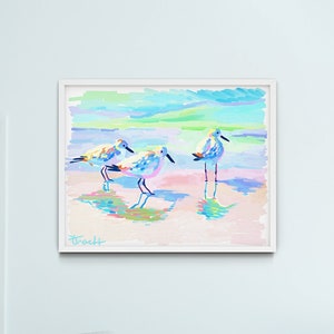 Three Sandpipers Running from Waves on Beach by Kelly Tracht, Soft Pastel Blue and Aqua, Canvas or Paper Print for Wall Art, Item #W1-3