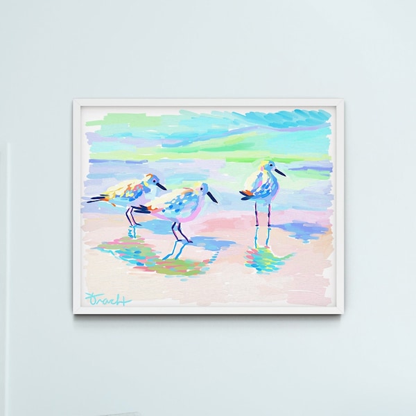 Sandpipers Beach Print, Pastel Birds Wall Art, Aqua Blue Seascape, Item: W1-3
