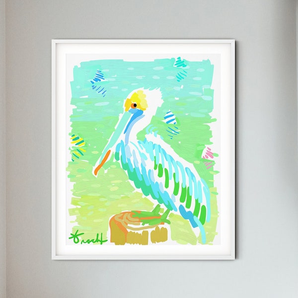 Pastel Pelican on Piling by Kelly Tracht, Art Print for Walls, Easy to Frame, Item #2HH