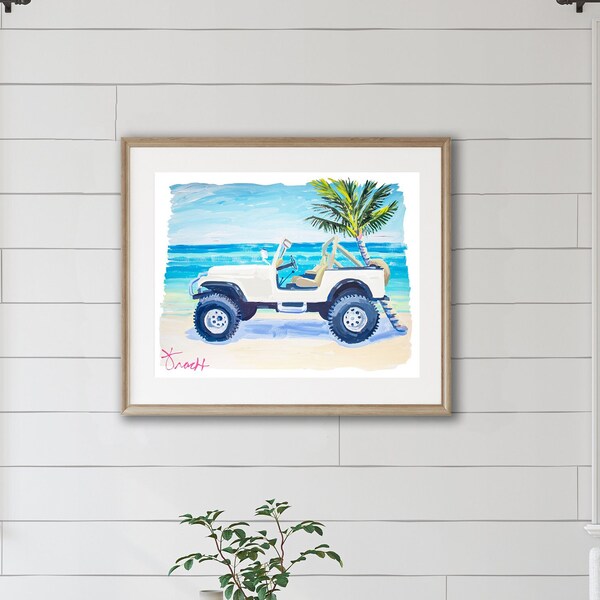 White Convertible Renegade Jeep on Sandy Beach under Shady Palm Tree by Kelly Tracht, California Surf Culture 1970's Vintage Item: ART 16W