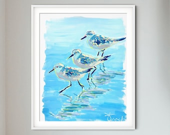 Three Sandpipers Running from Waves on Beach by Kelly Tracht, Soft Pastel Blue and Aqua, Canvas or Paper Print for Wall Art, #ART 3