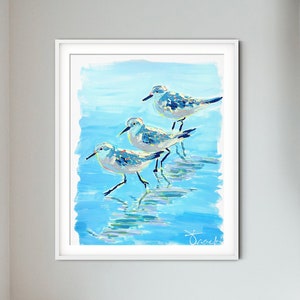 Three Sandpipers Running from Waves on Beach by Kelly Tracht, Soft Pastel Blue and Aqua, Canvas or Paper Print for Wall Art, #ART 3