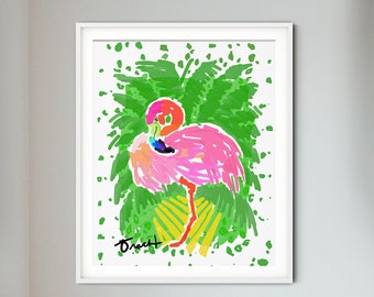 Pink Flamingo Art Print, Chinoiserie, Travellers Palm Tree, Pink and Green, Preppy, Abstract Art, Watercolor Print, Summer Decor Item #2E