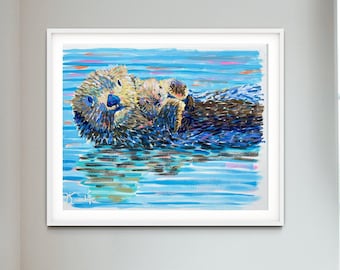 Sea Otter Mama and Baby Floating on their Back in Blue Water by Kelly Tracht Art Print of Ocean Wildlife, Wall Art, Coastal Decor ; ART 23C